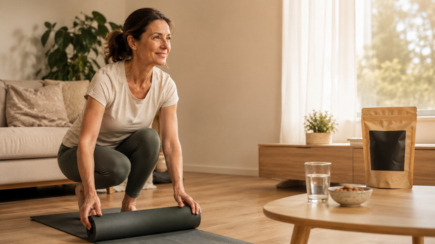 Femme déroulant un tapis de yoga à la maison, débuter une remise en forme en douceur