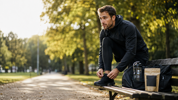 Sportif laçant ses chaussures dans un parc à la rentrée, reprise du sport après les vacances