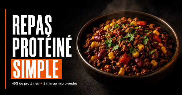 Chili con carne protéiné dans un bol avec un titre évoquant le nom du blog "repas protéiné simple"